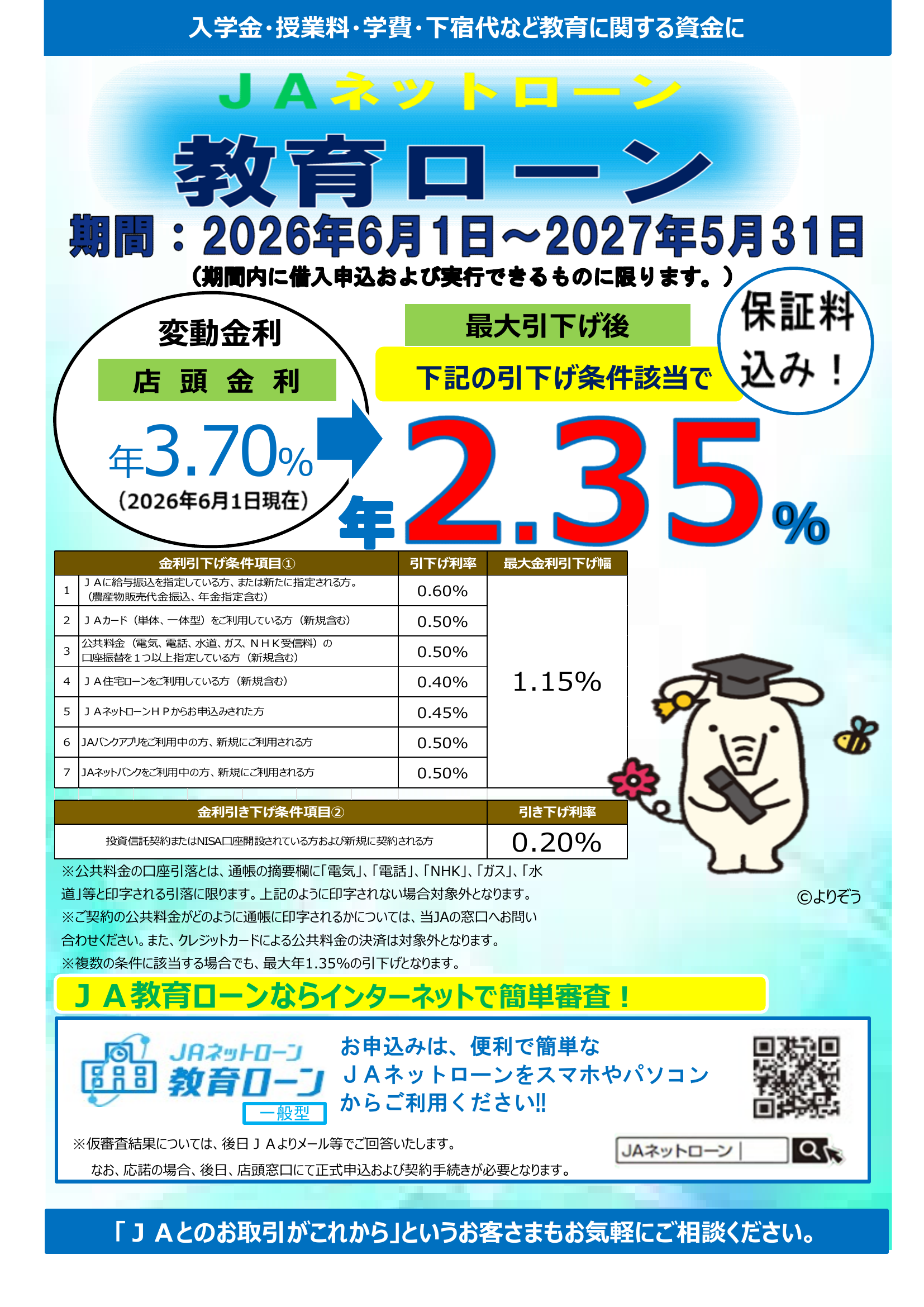 JA教育ローン（三菱UFJニコス保証）チラシ（オモテ）